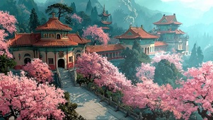 阳光樱花山中古建