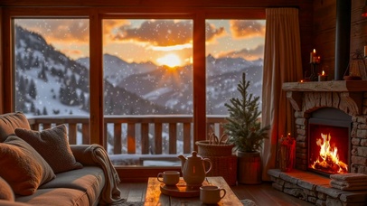 夕阳雪天温馨木屋