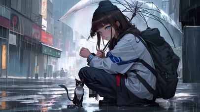 为猫咪打伞的少女