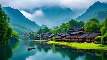 绿色云雾缭绕山水小镇