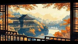 静谧秋日古城河岸建筑