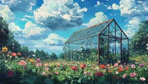 晴天白云山坡玻璃小屋