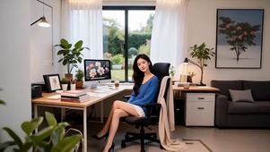 雅致工作室中工作的蓝衣美女