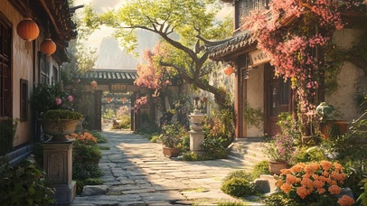 春日夕阳庭院花园建筑