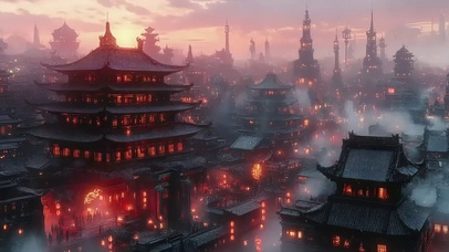 云雾古城傍晚繁华建筑