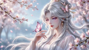 樱花树下古风银发美人