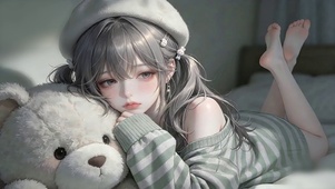 卧室抱泰迪熊少女
