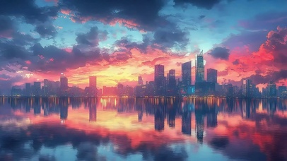 水天一色城市晚霞倒影