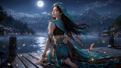 月夜湖畔异域古风美女