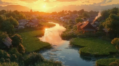 绿色溪流乡村小镇黄昏