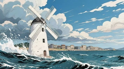 蓝天阳光海边风车