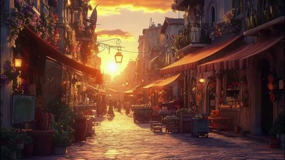 外国小镇夕阳繁华街道