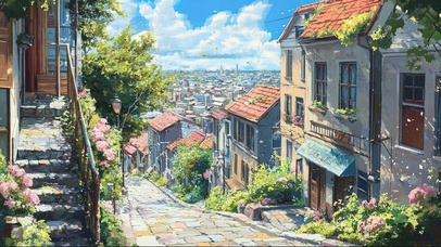 温暖阳光夏日欧洲小镇