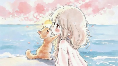 海边女孩和猫咪