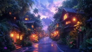 热带城市晚霞静谧建筑