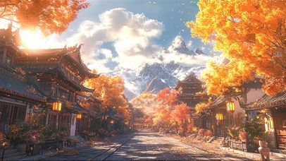 秋日蓝天白云金色古镇