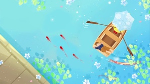 处暑池塘蓝绿插画--悠闲时光