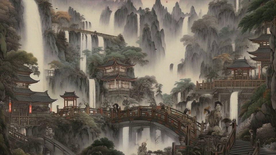 水墨山间瀑布与古风建筑景观