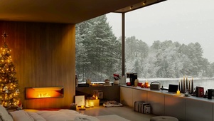 冬日雪天湖畔小屋
