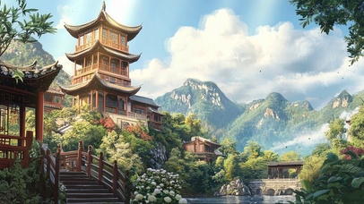 远郊古塔小镇夏日美景