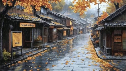 秋日古镇雨中无人街道