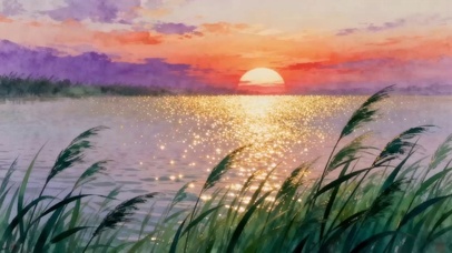 芦苇湖畔的绝美日出