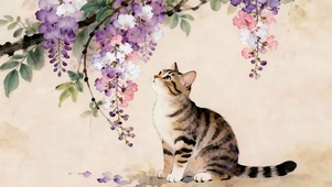 紫藤花下猫