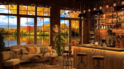 4k秋季湖畔咖啡厅