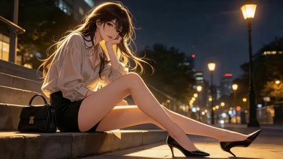夜晚楼梯上长腿女孩