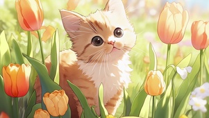 治愈郁金香小猫咪插画
