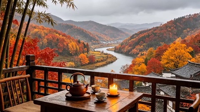 山川河流古镇雨景