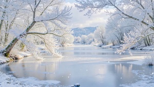 晴朗飘雪冬日冰湖