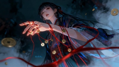 古风红绳命理师铜钱缠绕神秘术法