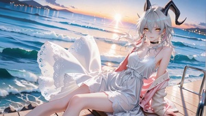 海边日落白裙少女赞妮