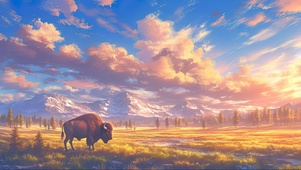 黄昏雪山草原野牛