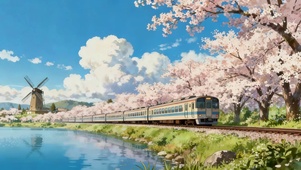 湖边的樱花火车