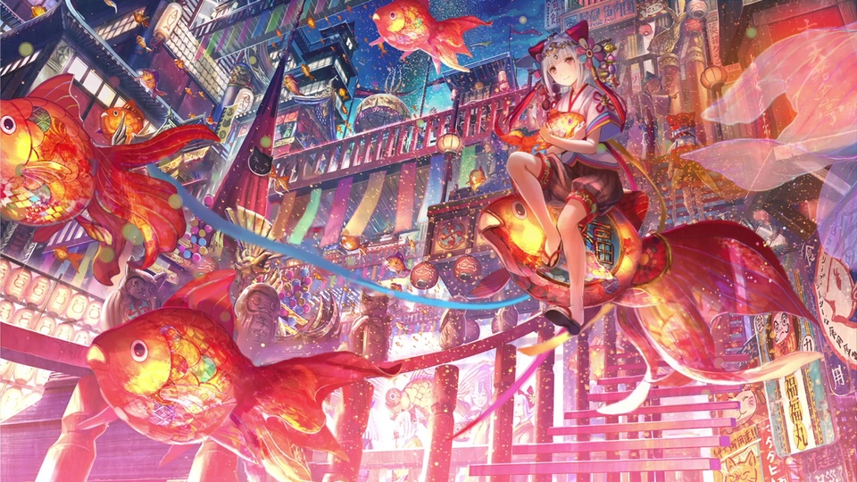 浅色短发、身着日式和风服饰的少女骑在红色发光锦鲤灯笼上，怀抱小锦鲤；空中飘着大量带通透鳞片的橙红色锦鲤，背景是挂着灯笼的日式古建筑与布满金色光点的星空。