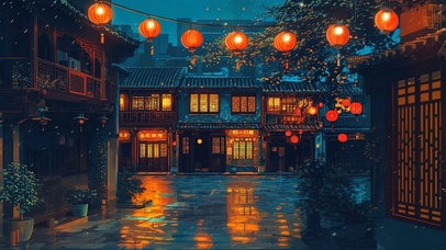 雨夜古风小镇建筑街道