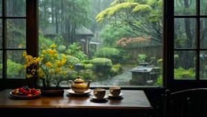 雨天庭院木屋品茶
