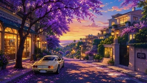 黄昏紫花小镇浪漫街景