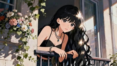 窗边落日与繁花少女