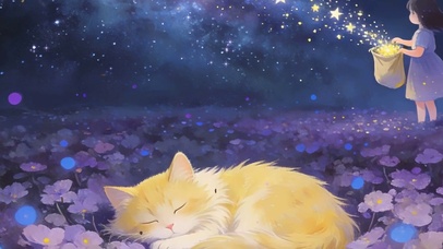 夜景星空下女孩与猫咪带鱼屏