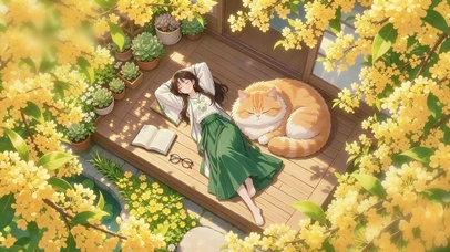 小院晒太阳的少女和猫