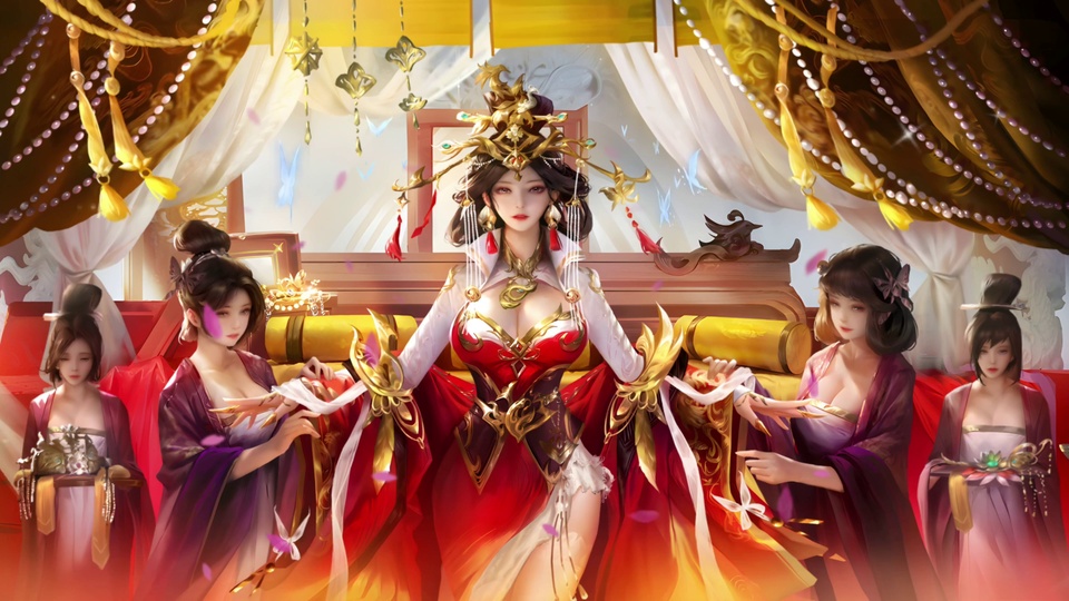 古风华贵殿内，红衣金饰女子居中，四名紫袍侍女环侍，金幔纱帐环绕画面。