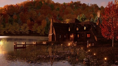 秋天森林中舒适的湖畔小屋