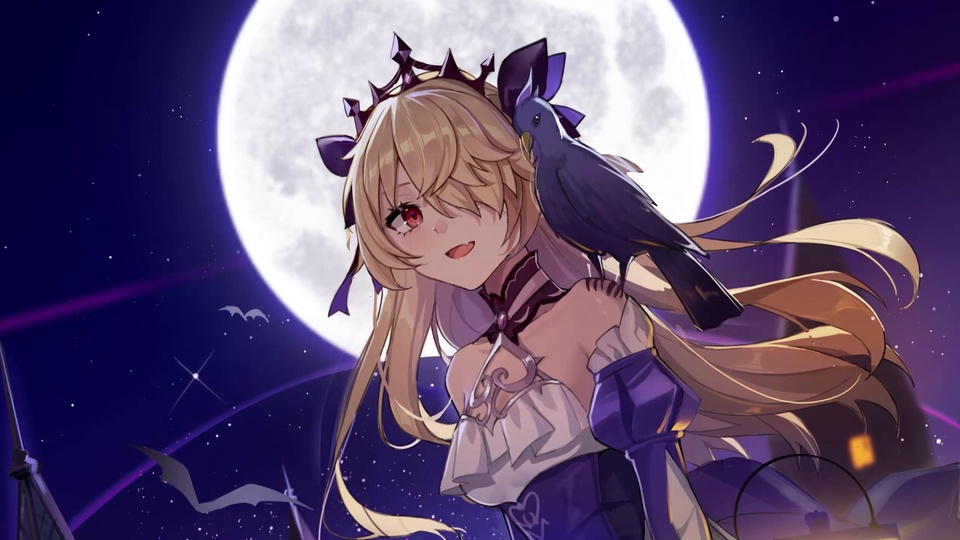 金发戴紫冠的少女肩停黑鸦，身后是满月与深紫星空，飞着几只蝙蝠。