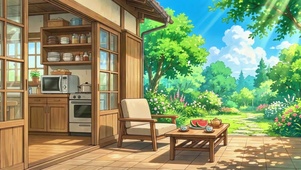 绿林环绕的庭院木屋露台