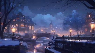 夜景雪景城市河流