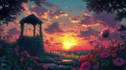 晚霞森林花海古井风景