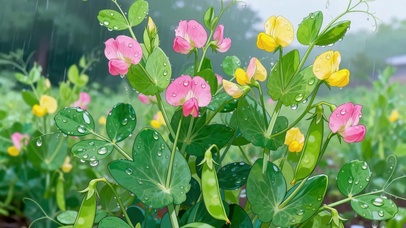 护眼雨中开花豌豆尖